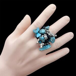 Turquoise Stone Bead Christian Cross Cluster Cocktail Stretch Ring